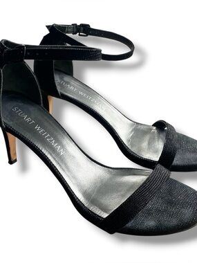 Stuart Weitzman Nudist Black Textured Suede Ankle Strap Open Toe Sandals Size 7